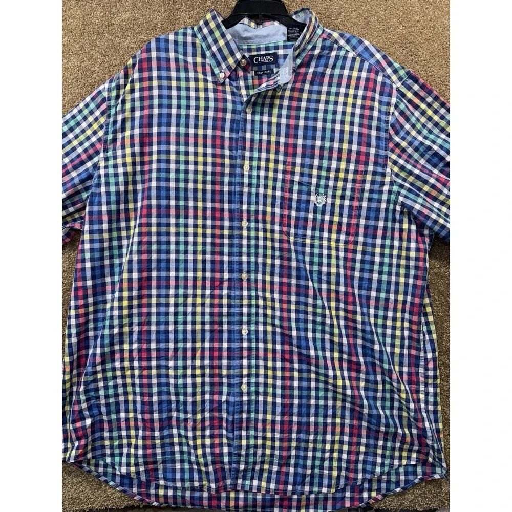Chaps Easy Care Button Down Shirt‎ Mens 2XLT Multicolor Plaid Long Sleeve Preppy